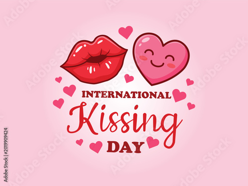 international kissing day banner with cartoon lips and smiling heart on pink background