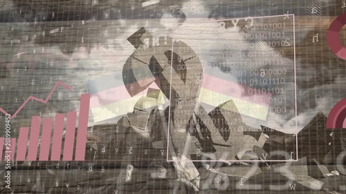 Digital overlays appearing over monument, pink bars growing, trend line rising, visualising data