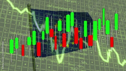 On start showing EU flag over data grid, candles moving, line dipping then rising, showing recovery