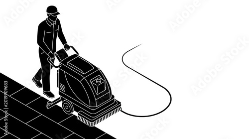Person operating a floor cleaning machine on tiled surface