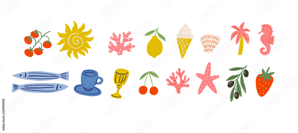 Fototapeta premium Hand drawn Postage stamp design. Sea travel. Underwater, animals and plants - postmark. Flat vector illustration on a white background.