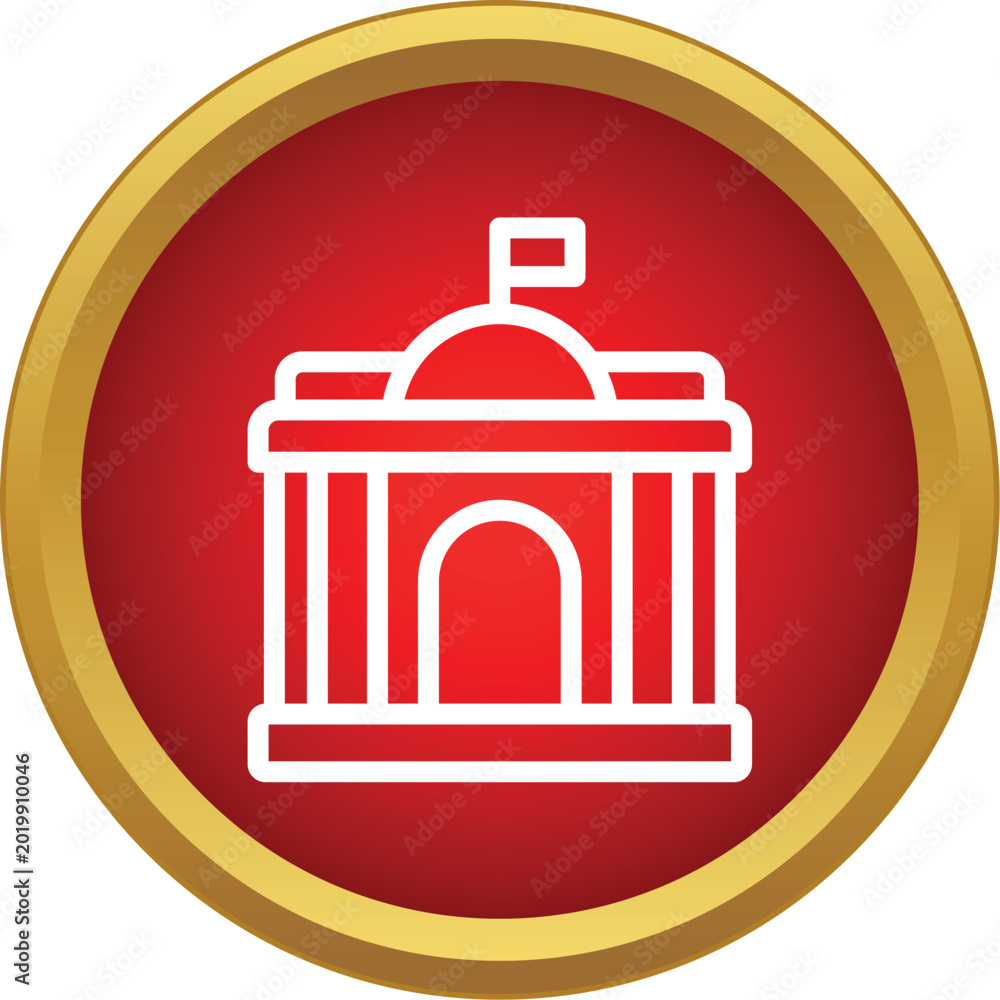 Fototapeta premium Outline government building icon with columns, dome, and flag on a red circle