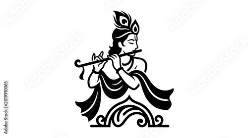 Lord Krishna playing flute with peacock feather headdress