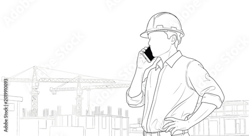 Construction worker with smartphone and building site line art silhouette