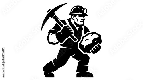 Miner with pickaxe and rock, black and white graphic
