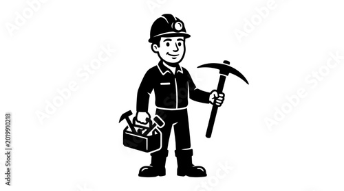 Miner with pickaxe and toolbox cartoon