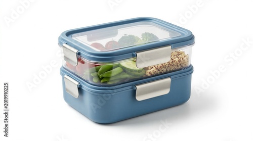 Stacked meal prep containers with fresh vegetables and grains on white background clear plastic food storage boxes filled with healthy ingredients. Transparent lids.