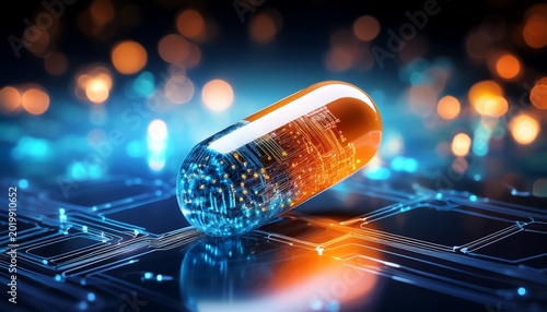 futuristic medicine capsule containing digital data and circuitry glowing orange and blue against a dark bokeh lit background representing advanced pharmaceuticals
