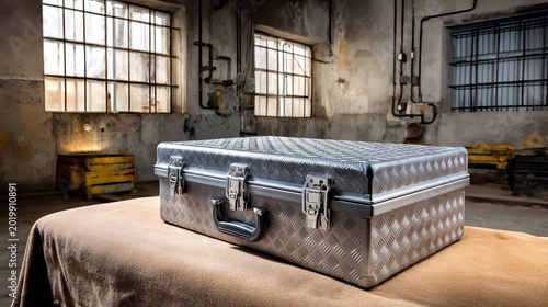 Metal Tool Case on Linen-Covered Bench in Industrial Setting with Natural Light