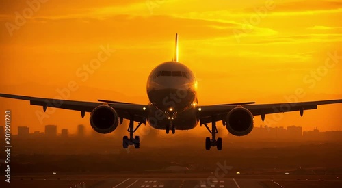 Cinematic Plane Landing on Runway During a Vibrant Sunset