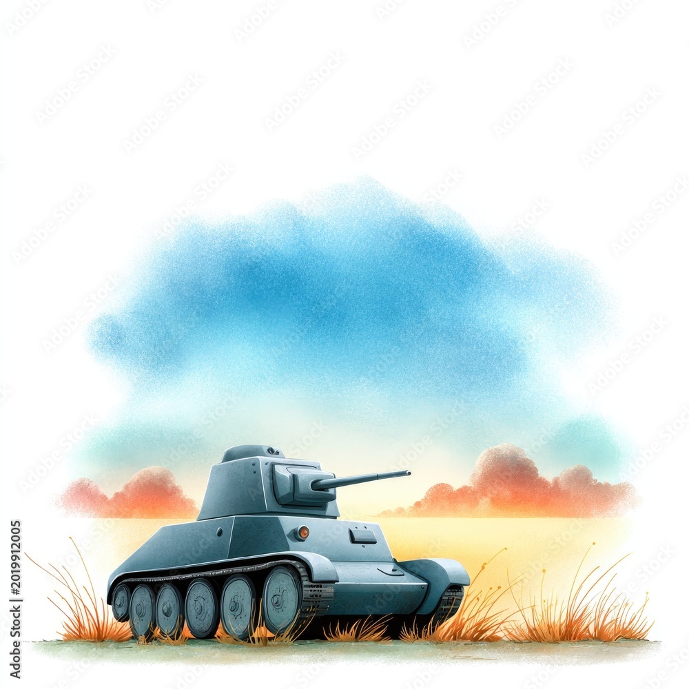 Fototapeta premium Watercolour cartoon battlefield scene with abandoned tank at sunset for poster or card design