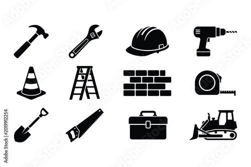 Construction tools and equipment icons are presented as a set of flat black silhouettes.