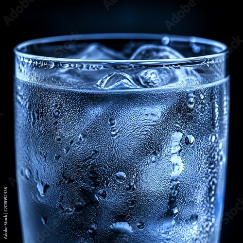 Chilled Water Glass with Ice and Condensation 