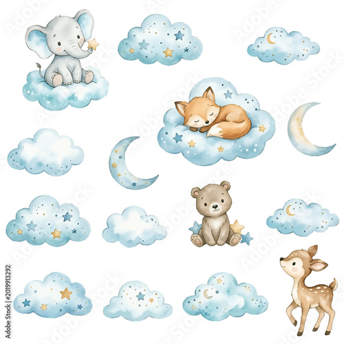 Canvas Print Funny cartoon animals seamless pattern with cute baby farm and wild animals icon