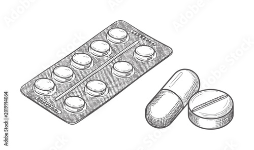 Photos Hand drawn blister pack of pills and loose capsule and tablet medicine