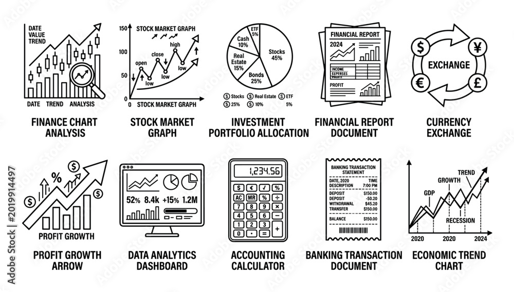 Naklejka premium Financial and economic icons set for business analysis, investment planning, and market trend tracking, presented as a comprehensive collection of outline symbols.