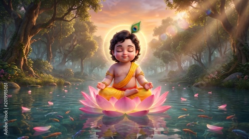 Baby krishna meditating on a lotus flower in a serene pond with sunlight and lush greenery
