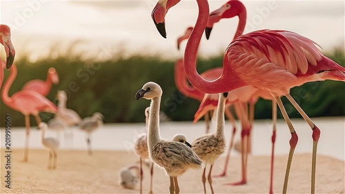 A flock of Caribbean flamingos (Phoenicopterus ruber) and chicks in breeding season with sunset, Yucatan Peninsula, Mexico.
