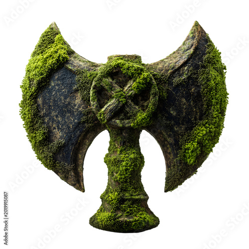 Ancient Moss-Covered Axe with Intricate Design and Historical Detail