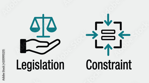 Vector graphic illustration of law legislation and constraint icons with hand and scales Vector