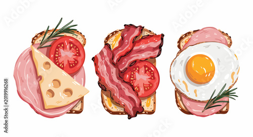 Foto Hearty breakfast plate with crispy fried bacon strips two sunny side up eggs fresh tomato slices and parsley sprigs on white