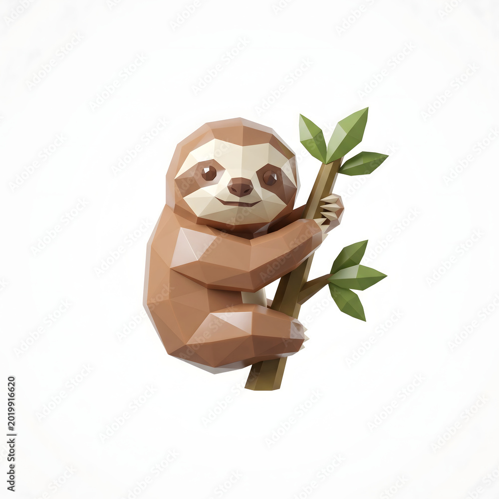 Obraz premium Cute low poly sloth 3D illustration on white background