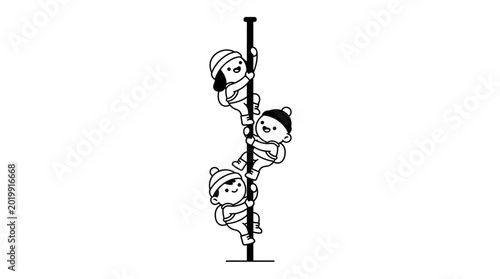 Tableau sur toile Three cartoon children climbing pole.