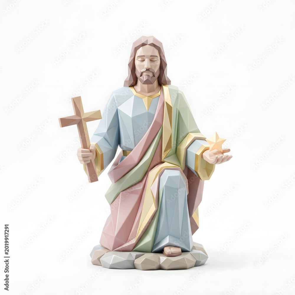 Naklejka premium Jesus statue holding cross and star geometric low poly