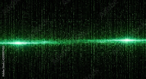 Abstract green digital waveform with binary code and glowing light, abstract
