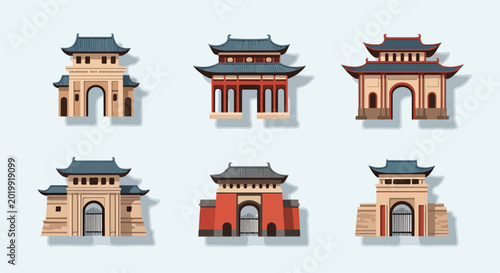 фотографія Six Asian-style gates with varying colors