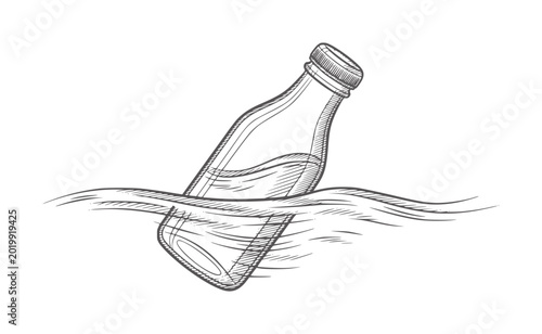 Фотография Half submerged glass bottle floating in wavy water hand drawn black and white wa