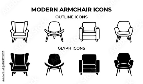 Obraz na płótnie Armchair Icon Set Outline and Glyph Furniture Chair Vector Collection