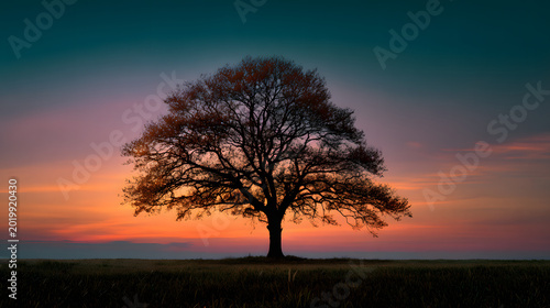Tree silhouette in empty field with subtle color gradient sky 