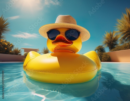inflatable duck relaxing in pool inflatable duck with sunglasses and hat in pool perfect for summer vacation designs and leisure activities