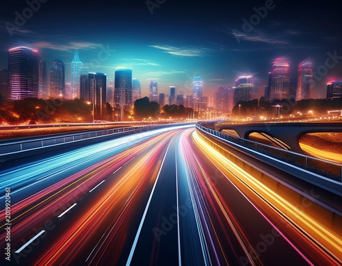 abstract city highway at night with speeding cars and motion blur lights