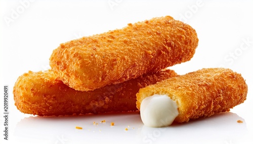 crispy fried mozzarella cheese sticks falling isolated white background