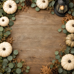 Autumn rustic wooden background with white pumpkins, eucalyptus and lantern candle, fall frame with copy space