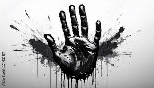 abstract black handprint with splattered paint and dripping paint effect