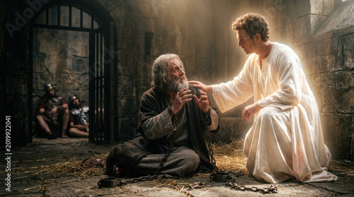 Biblical scene of an angel appearing to the apostle Peter in prison and waking him from sleep during the miraculous rescue.