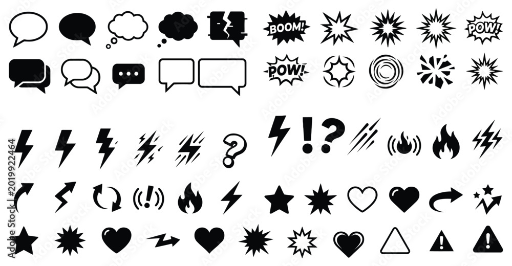 Fototapeta premium Comic Element Vector Set: Speech Bubbles, Lightning Bolts, Explosions, and Action Icons