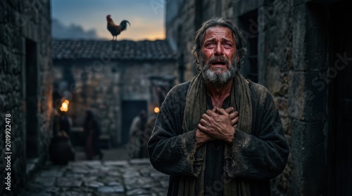 Peter in tears as a rooster crows.