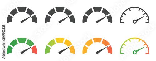 Foto Speedometer icon vector set featuring gauge symbols from low to high for performance and risk measurement concepts