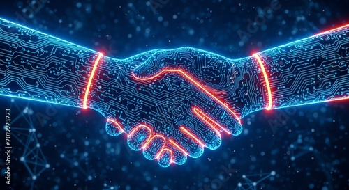 Digital handshake neon blue glowing connection