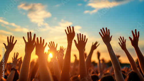Crowd of people with raised hands at an outdoor music festival against a dramatic golden sunset sky.