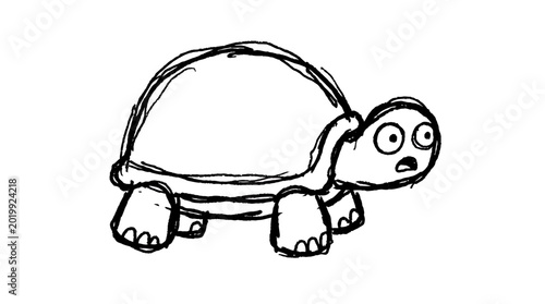 A cute hand drawn ink sketch of a surprised turtle walking slowly