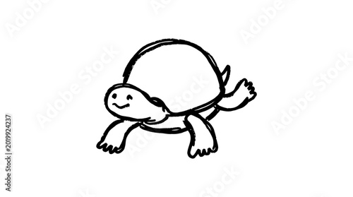 A cute hand drawn ink sketch of a happy turtle running with headphones on.