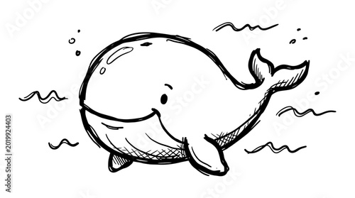 A cute hand drawn ink sketch of a smiling whale swimming underwater.