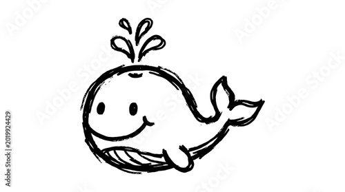 A cute hand drawn ink sketch of a smiling whale jumping out of water