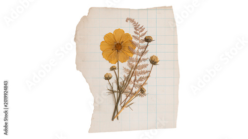 Bilde på lerret Dried yellow cosmos flower and fern leaves on grid paper, isolated on transparen