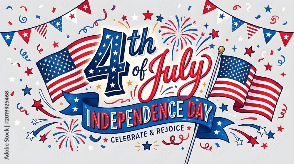 Obraz premium Festive 4th of july independence day illustration with fireworks and american flags